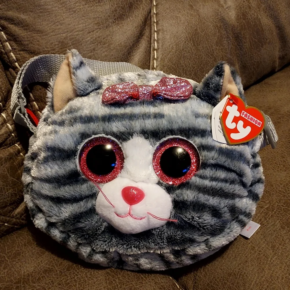 Ty Plush cat mini crossbody with Pink and Gray Stripes